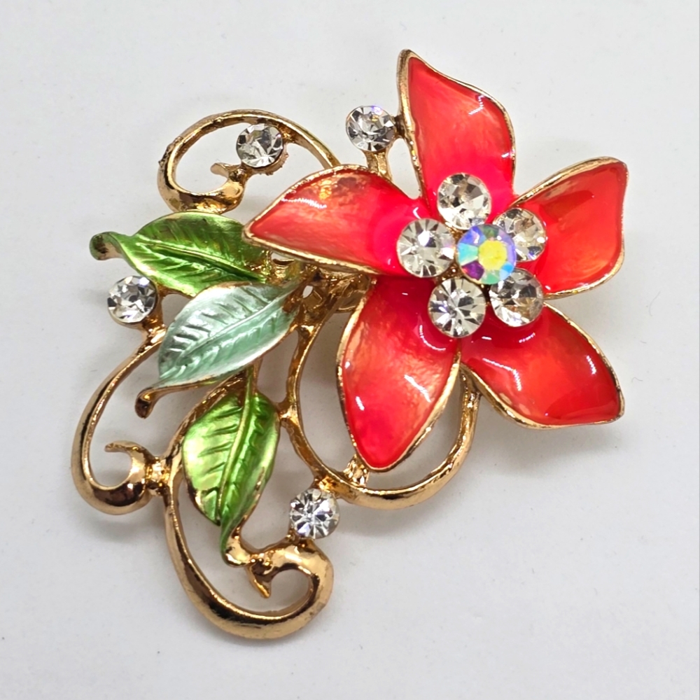 Coral Enamel & Rhinestone Gold Tone Flower Pin Brooch~ Beautiful!